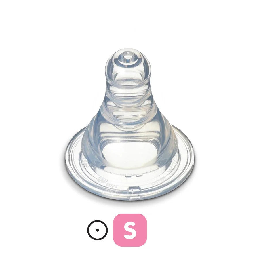 A clear silicone pigeon baby bottle nipple shown on a white background with size indicators below.