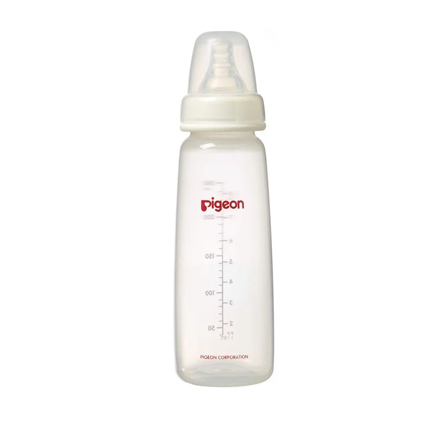A Pigeon baby bottle with a clear plastic body, white collar, and a translucent cap, featuring red Pigeon branding and measurement markings on a white background.