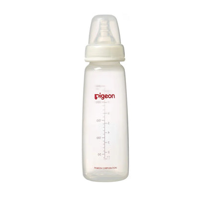 A Pigeon baby bottle with a clear plastic body, white collar, and a translucent cap, featuring red Pigeon branding and measurement markings on a white background.