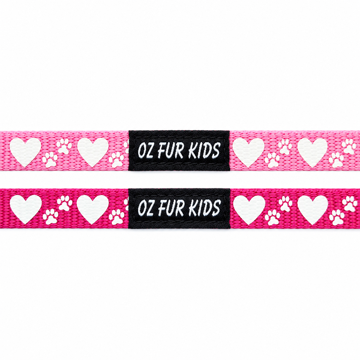 Oz Fur Kids Hearts & Paws Collars in Light Pink & Rose Pink on a white background.