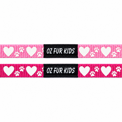 Oz Fur Kids Hearts & Paws Collars in Light Pink & Rose Pink on a white background.