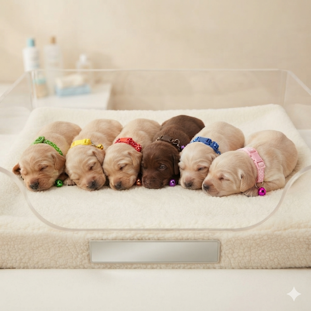 Six sleeping puppies of different coat colors—light cream, tan, brown, and chocolate—lying side by side on a white fleece-lined pet bed with a clear plastic cover. Each puppy is wearing a small colorful collar with a bell.