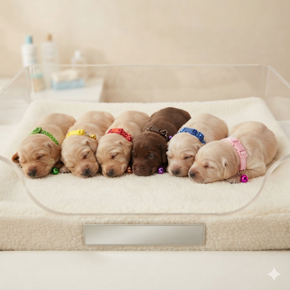 Six sleeping puppies of different coat colors—light cream, tan, brown, and chocolate—lying side by side on a white fleece-lined pet bed with a clear plastic cover. Each puppy is wearing a small colorful collar with a bell.