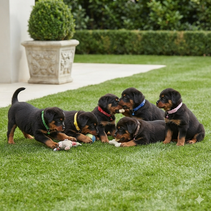 Six black and tan puppies wearing colorful collars play on a green lawn, interacting with a small plush toy in an outdoor garden setting.