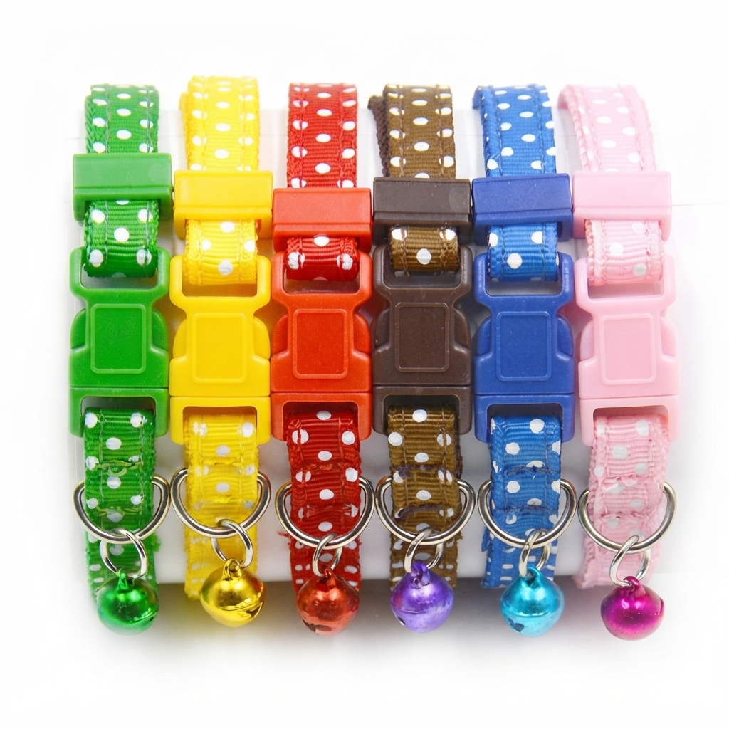 Six pet collars in different colors with white polka dots, shown on a white background. Each collar has a plastic buckle, a metal ring, and a small bell.