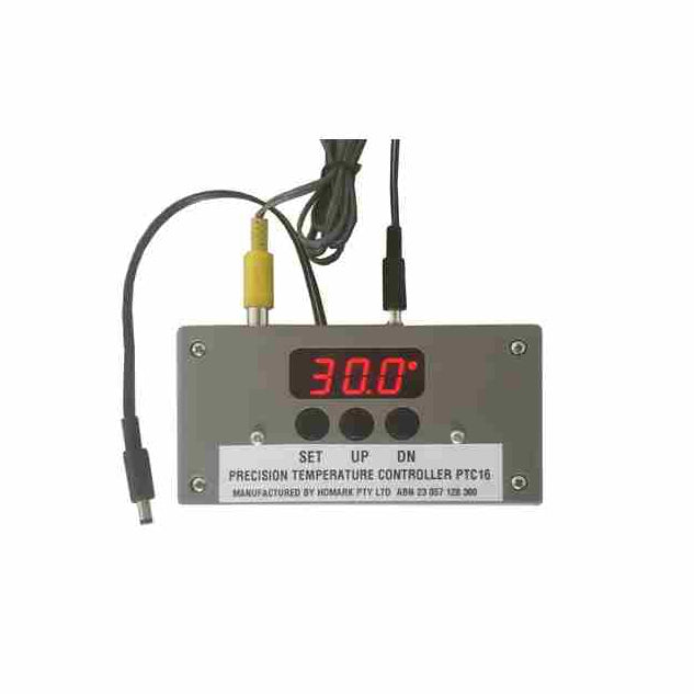 Warm.A.Pet digital precision thermostat temperature control unit with a display showing 30.0 degrees, alongside cables and control buttons.