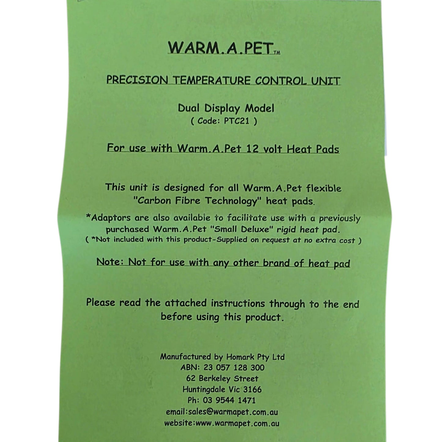 Green label with text about Warm.A.Pet precision temperature control unit on a white background
