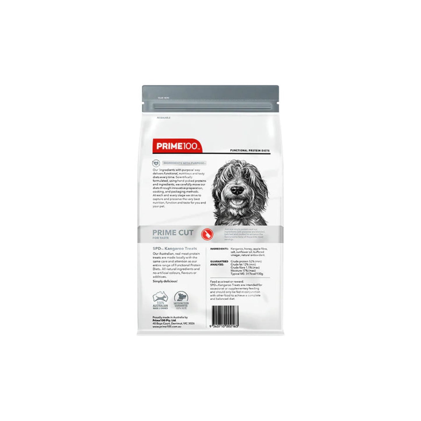 Dog food package with 'Prime 100' branding on a white background