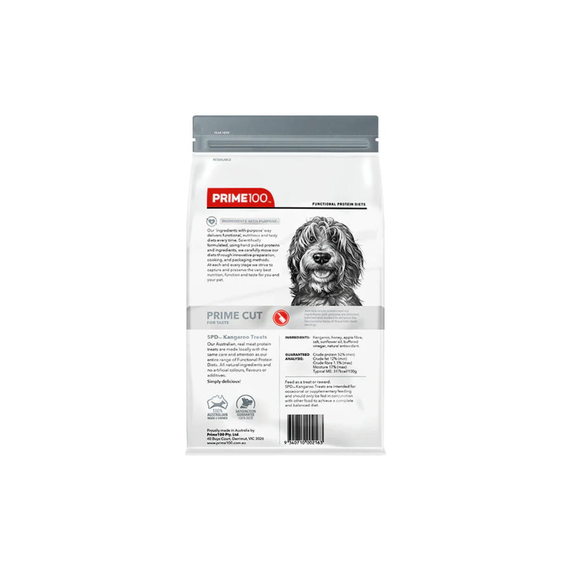Dog food package with 'Prime 100' branding on a white background