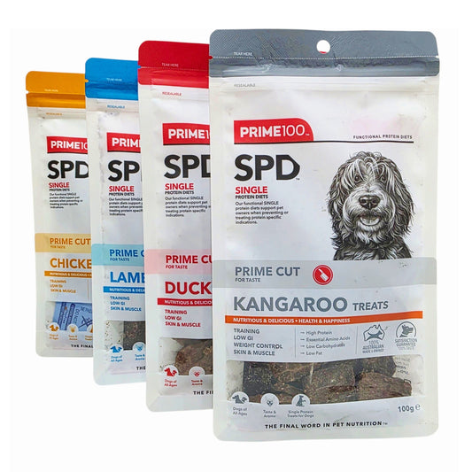 Collection of Prime 100 SPD Single Protein Treats with various flavors on a white background