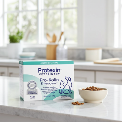 Protexin Veterinary Pro-Kolin Enterogentic box on a kitchen counter with a bowl of cat food.