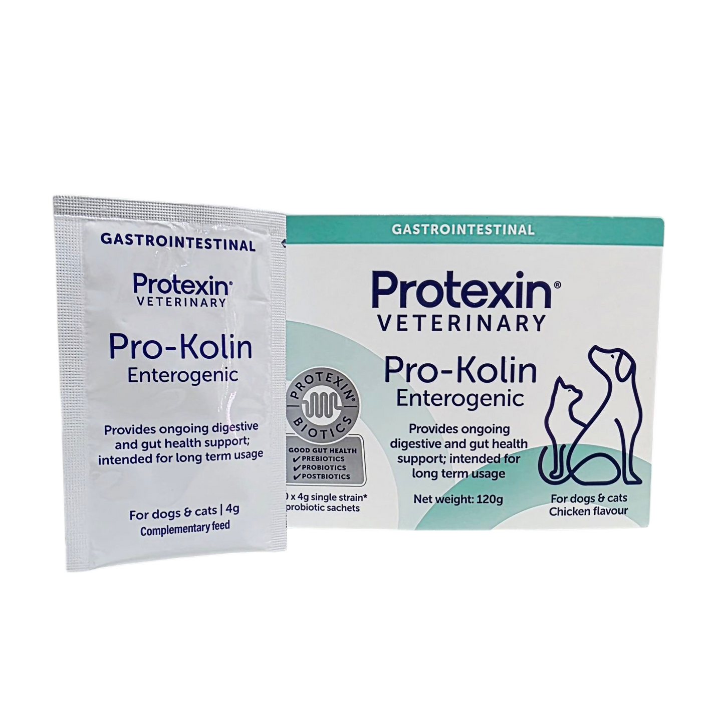 Pro-Kolin Enterogenic Box and Sachet for Dogs & Cats, on a white background