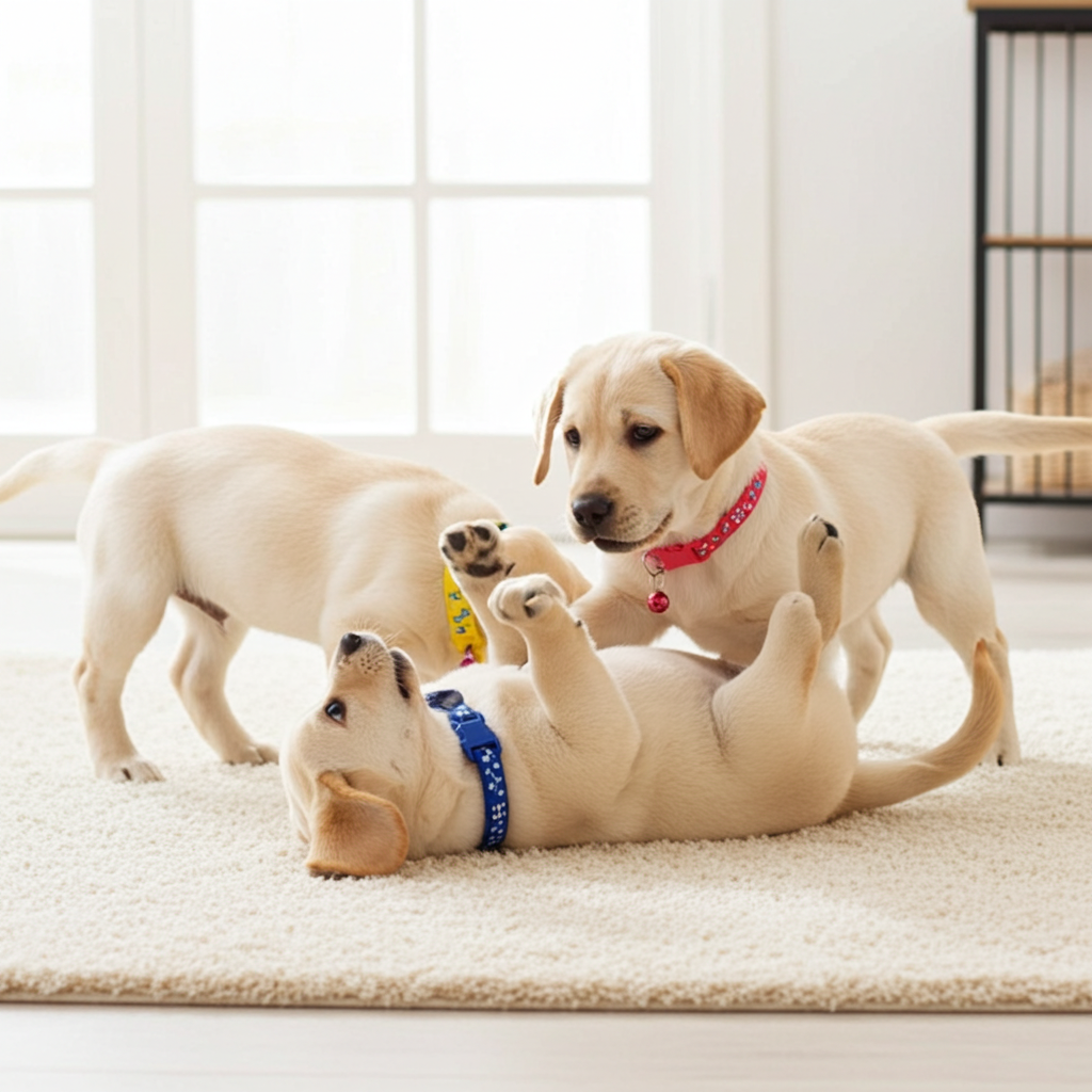 Three labrador puppies playing on a carpeted floor with a bright background