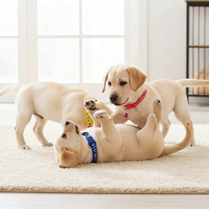 Three labrador puppies playing on a carpeted floor with a bright background