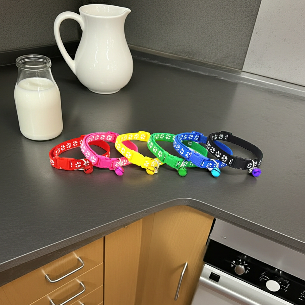 Colorful pet collars on a kitchen counter with a pitcher and glass of milk in the background.