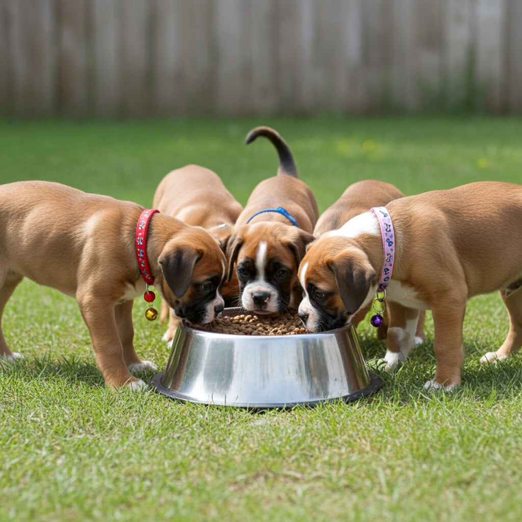 Five boxer puppies eating from a metal bowl outdoors on grass.