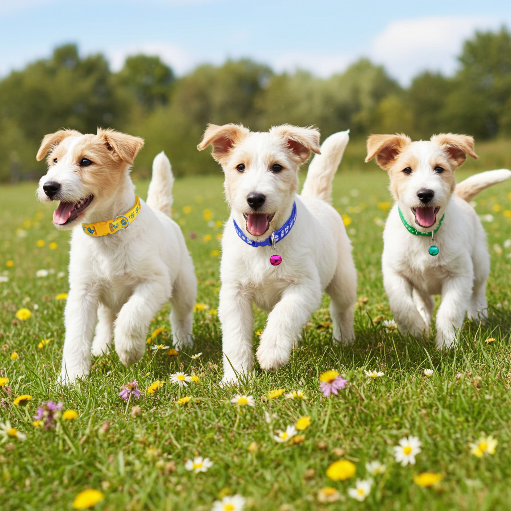 Three puppies running on a grassy field with flowers