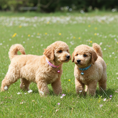 Two fluffy puppies standing on a grassy field with flowers with cute collars on.
