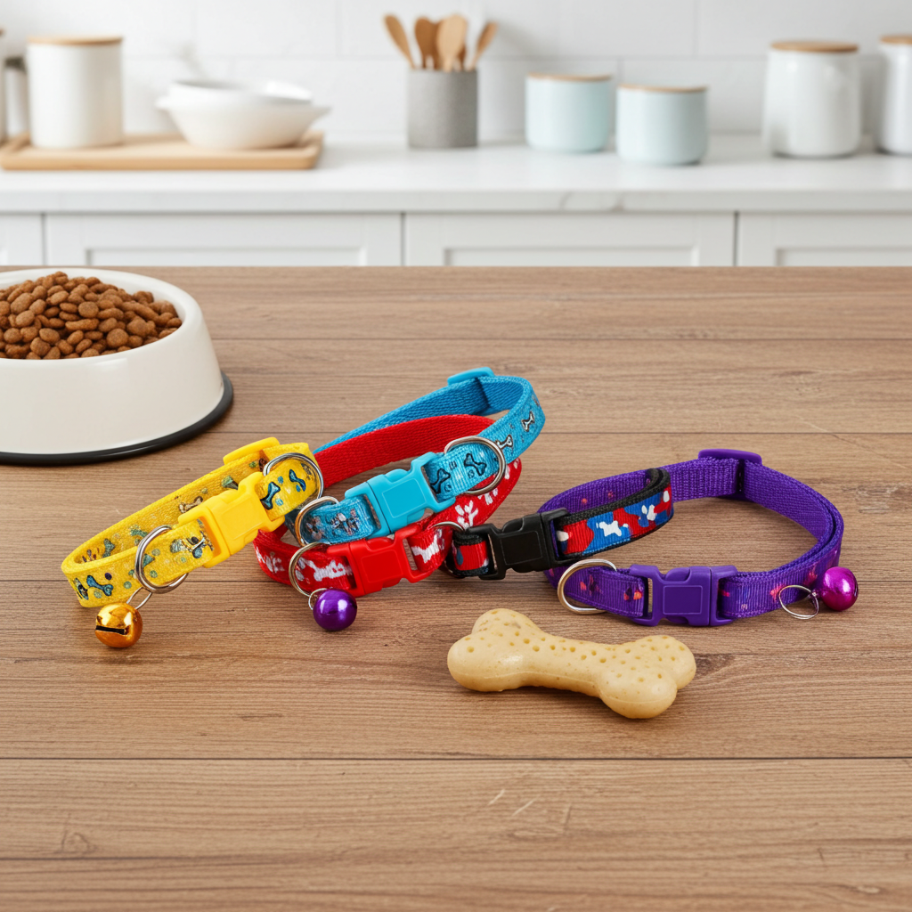 Four colorful dog collars with bells on a wooden table with a bowl of dog food in the background.