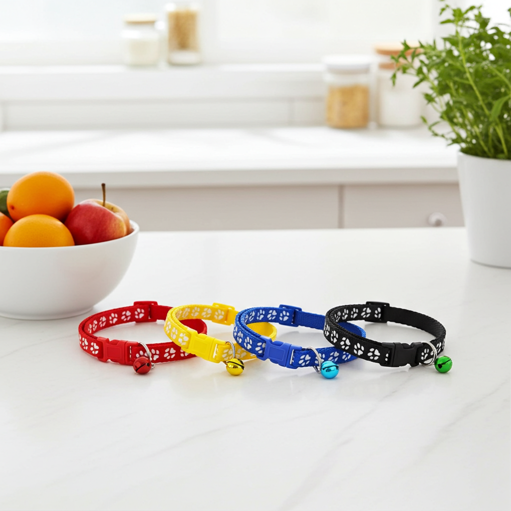 Four colorful pet collars with bells on a kitchen counter.