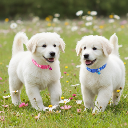 Two white puppies standing in a field of flowers with colorful collars.