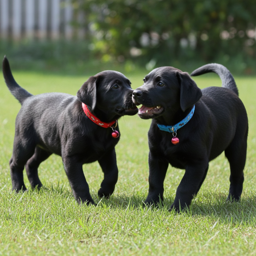 Two black labrador puppies with collars on a grassy field
