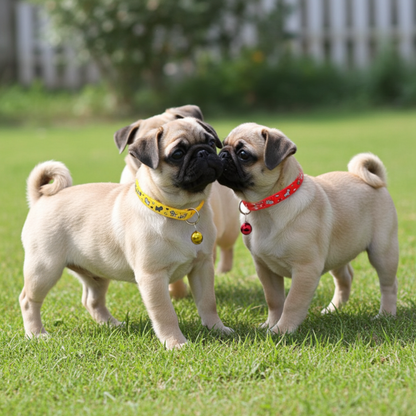 Three pug puppies standing on grass with collars around their necks.