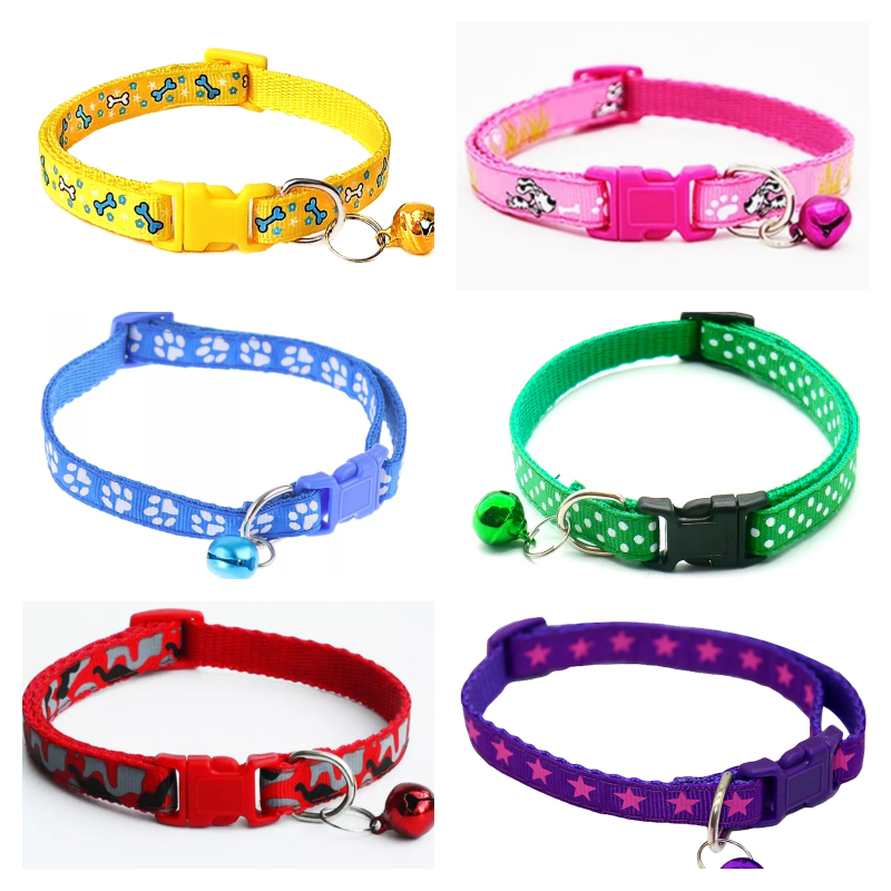 A set of six colorful puppy collars with various patterns such as stars, dogs, polka dots, and hearts. Each collar includes a bell and is fastened with a side clip.