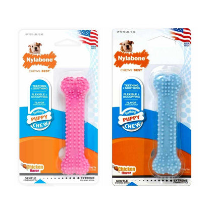 Two Nylabone puppy chew toys in packaging on a white background