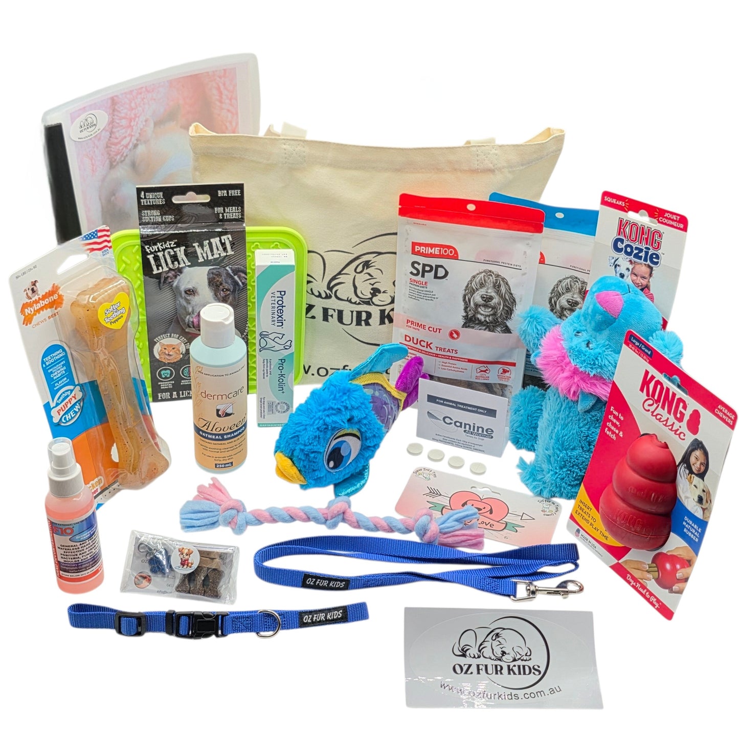 Puppy_Pack_Deluxe_Extra_Large Blue. Assorted pet products including toys, leashes, and grooming items on a white background.