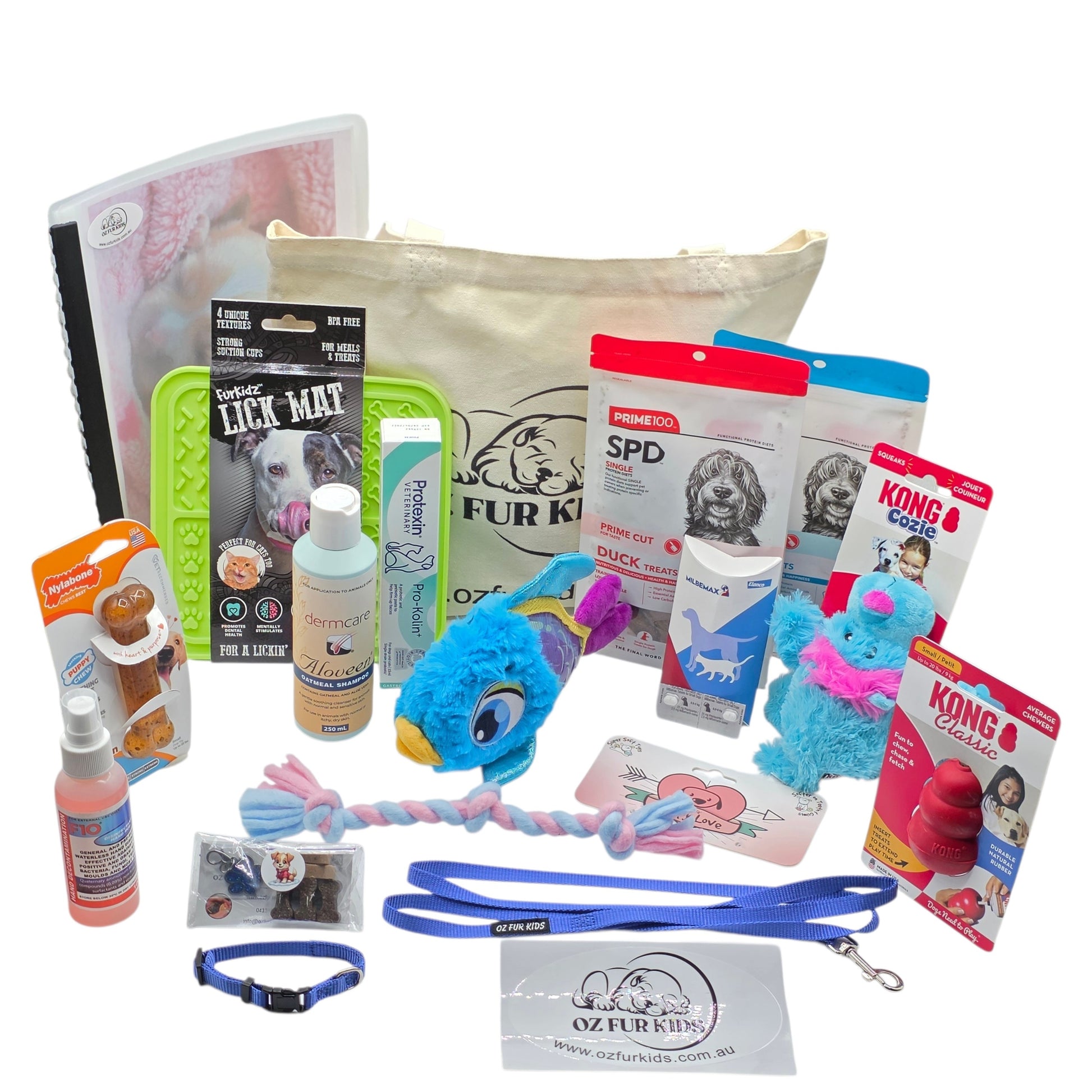 Puppy Pack Deluxe Small Medium. Assorted pet care products including toys, leashes, and grooming items on a white background.