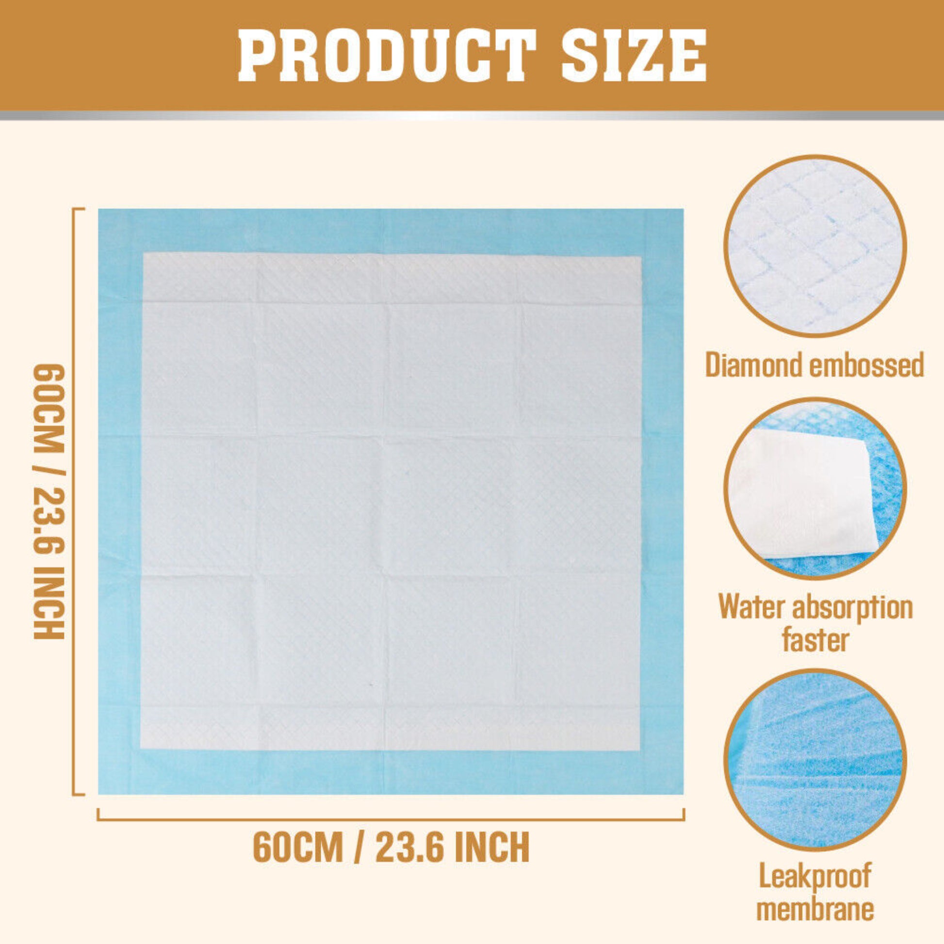 Puppy pad size chart with dimensions and features of a diamond embossed mat.