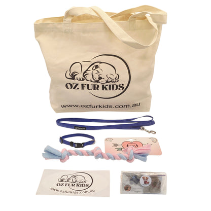 Tote bag with 'Oz Fur Kids' branding, including a leash, collar, chew toy, and business card on a white background.