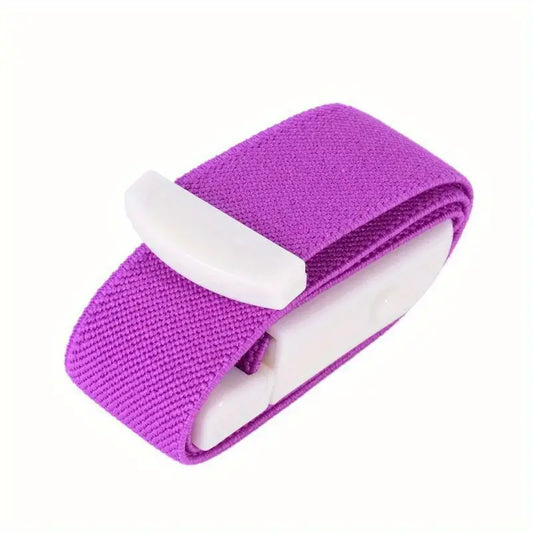 Purple quick release tournique with a white clip on a white background