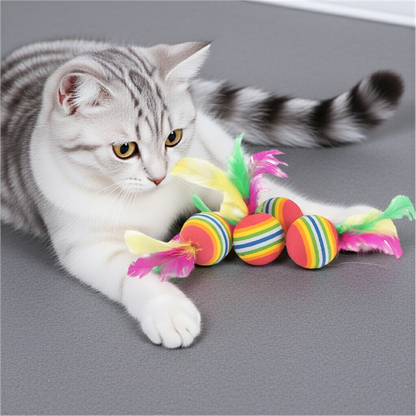 Rainbow Cat Ball with Feathers