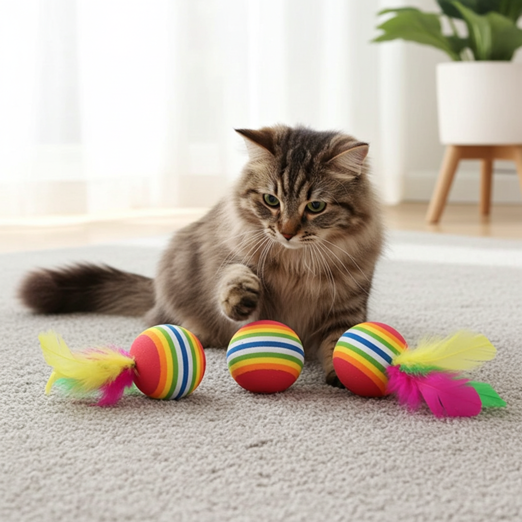 Rainbow Cat Ball with Feathers