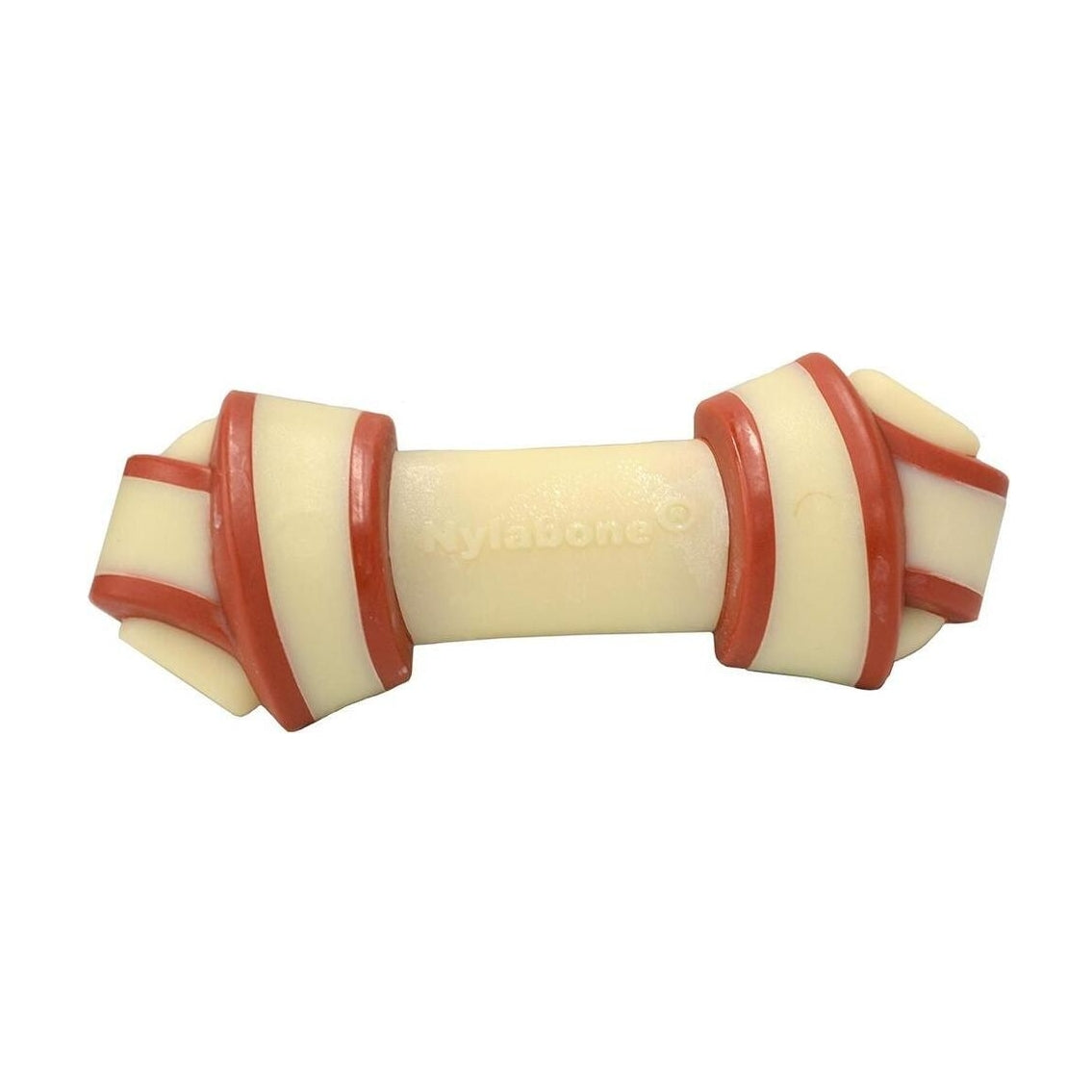 Nylabone Rawhide Dog chew toy with red and beige pattern on a white background