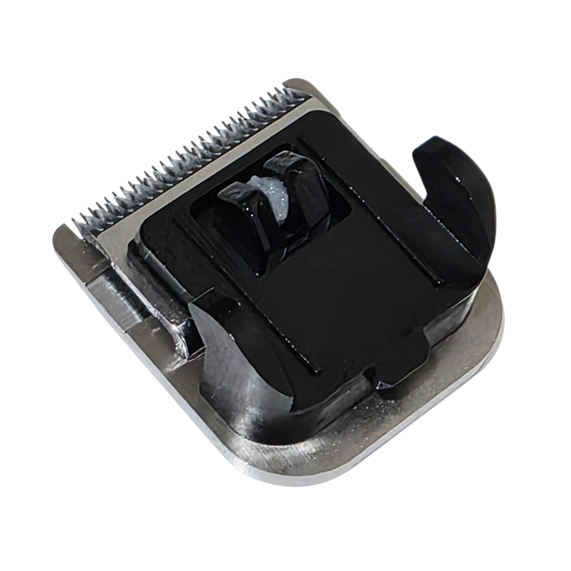 A close-up of a black and silver electric clipper attachment head with a guard blade, shown on a plain white background.