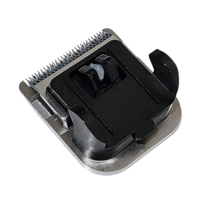 A close-up of a black and silver electric clipper attachment head with a guard blade, shown on a plain white background.
