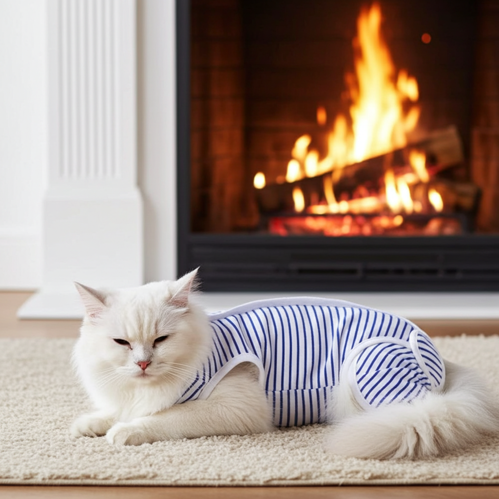 White cat wearing a striped outfit sitting in front of a fireplace.
