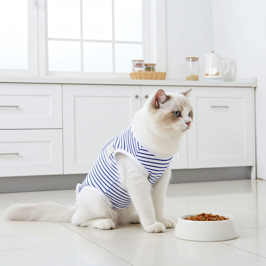 Cat wearing a striped recovery suit sitting on a kitchen floor with a bowl of food.