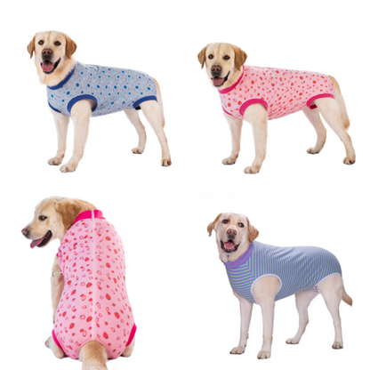  Dogs wearing zip-up recovery suits in various colors and patterns.