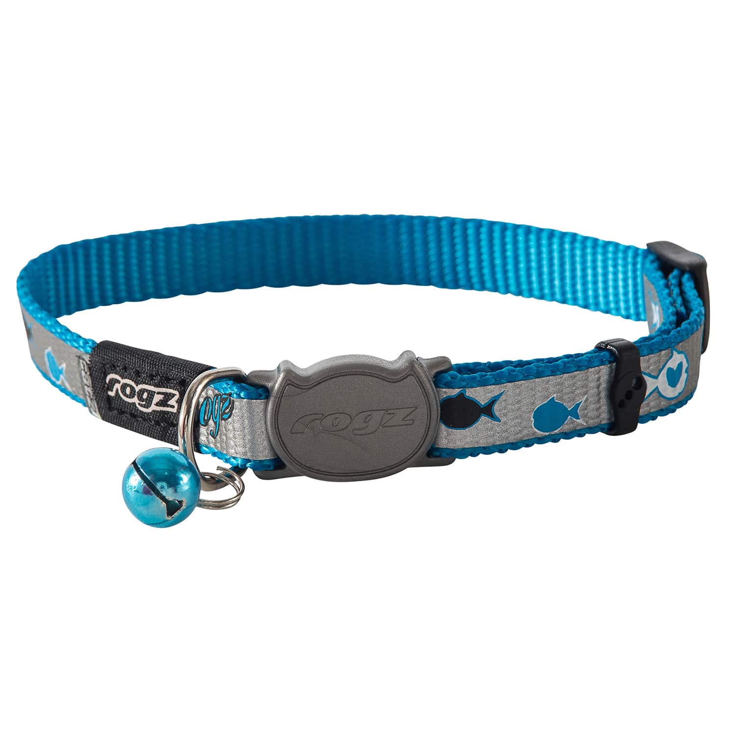 Blue and gray rogz cat collar with fish pattern and bell on a white background