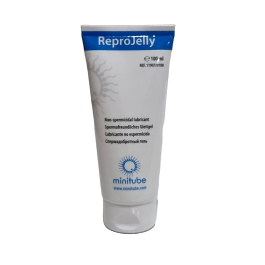 A 100ml tube of ReproJelly water-based lubricant with branding and product information printed on the label.