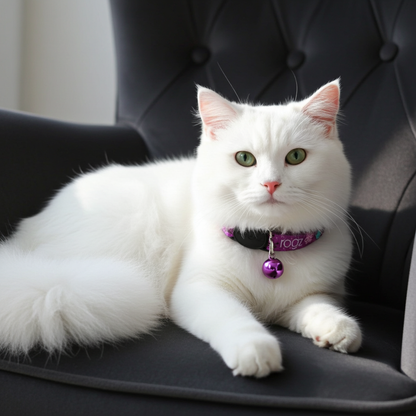 White cat with a purple Rogz collar sitting on a dark chair