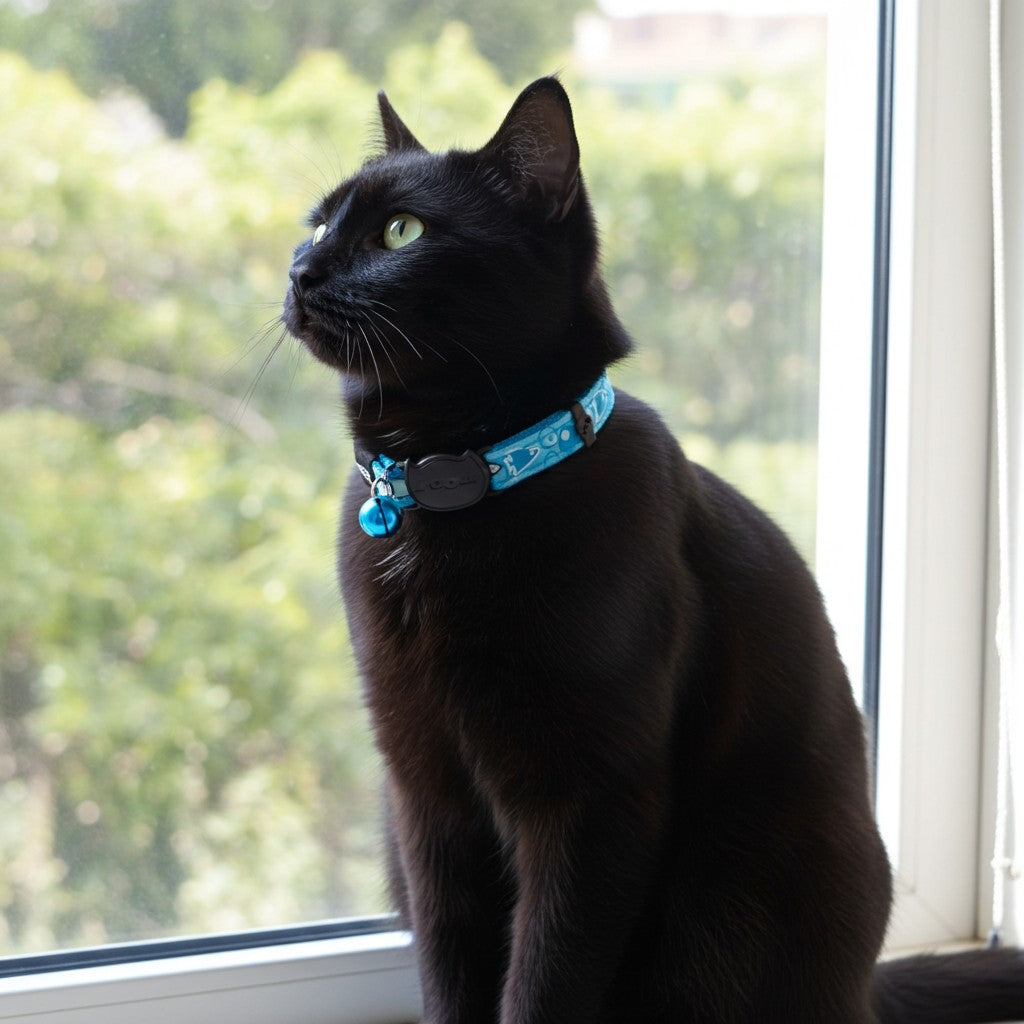Black cat wearing a blue ROGZ collar with a bell, sitting by a window with a view of trees.
