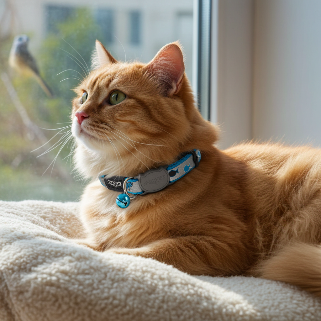 Orange cat wearing a blue Rogz Reflectocat collar with a bell, sitting on a soft surface by a window.
