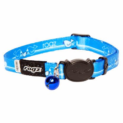 rogz Blue KiddyCat collar with bell and Rogz branding on a white background