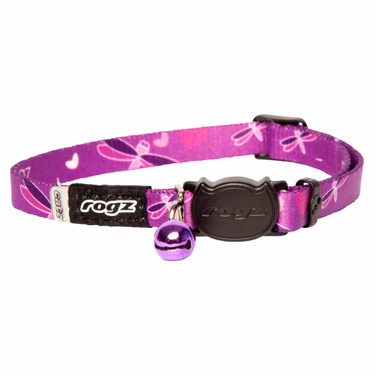 Rogz Purple KiddyCat collar with pink floral pattern and bell on a white background