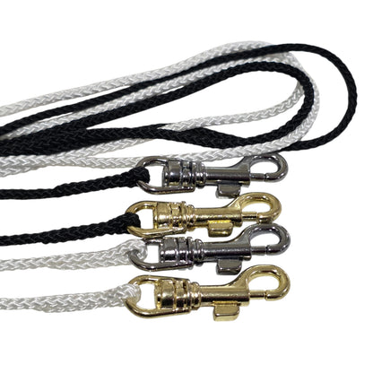 Round Show Lead 3mm with metal swivel hooks in black, silver, and gold on a white background.